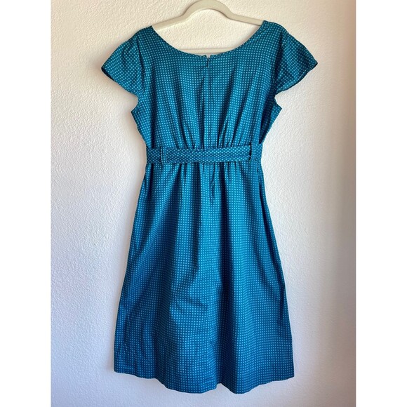 Orla Kiely Women's Grid Dot Cap Sleeve A-Line Belted Bow Dress in Blue & Teal 8 - Picture 4 of 11